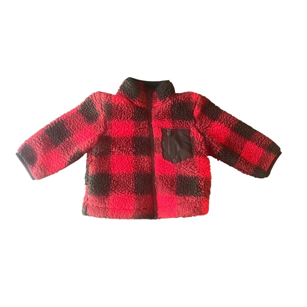 Wonder Nation Red Black Buffalo Plaid Sherpa Fleece Jacket 12M (1083)